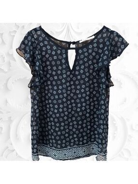Flutter Sleeved Sheer Blouse In Black With White Detail Size Small